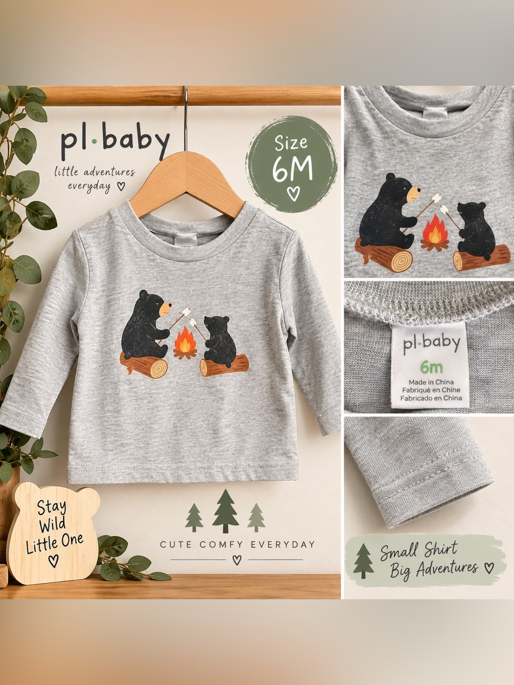 PL Baby 6M Grey Bear Campfire Long Sleeve Shirt